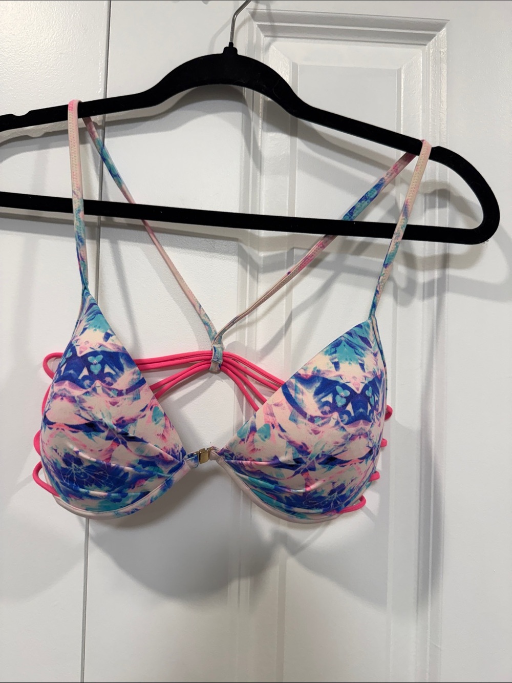 Colorful Pink & Blue Strappy Bikini Top with Front Clasp